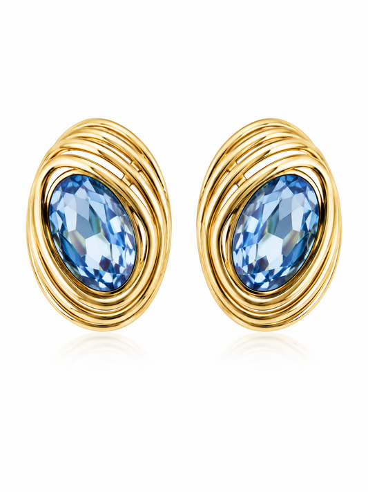 Gold-Toned Oval With Deep Blue Faceted Earrings