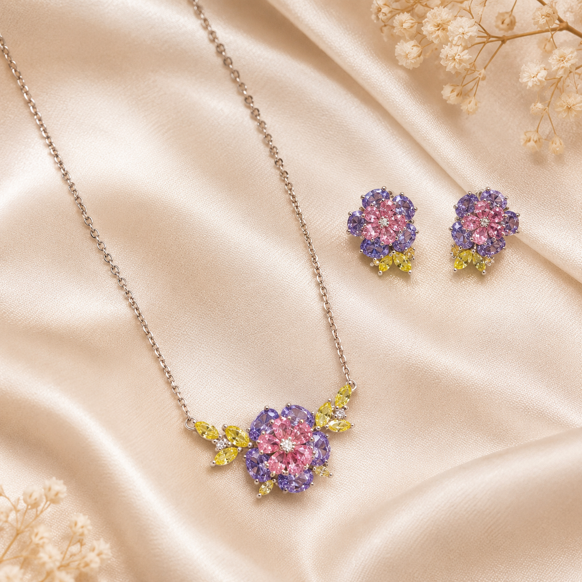 Silver 925 Floral Cluster Chain Necklace