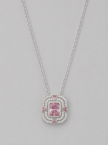 Silver 925 Rectangular Emerald-Cut Pink Pendant Set
