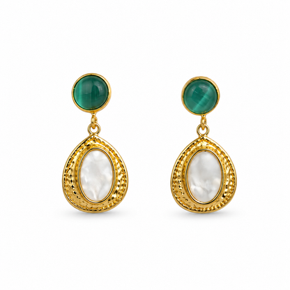 Green Stone & Pearly White Teardrop Earrings