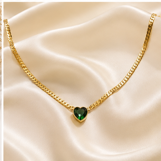 Golden Necklace with Heart Shaped Gemstone