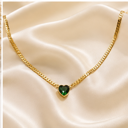 Golden Necklace with Heart Shaped Gemstone