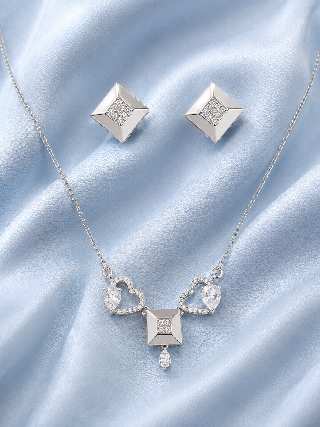 Silver 925 Geometric Diamond Pendant Set