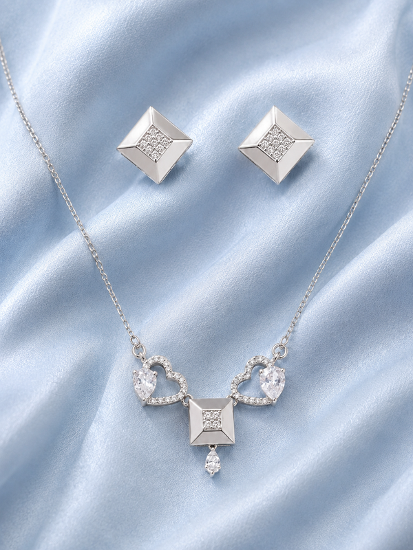 Silver 925 Geometric Diamond Pendant Set