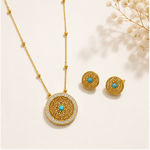 A Gold Tone Turquoise Center Stones Pendant Set