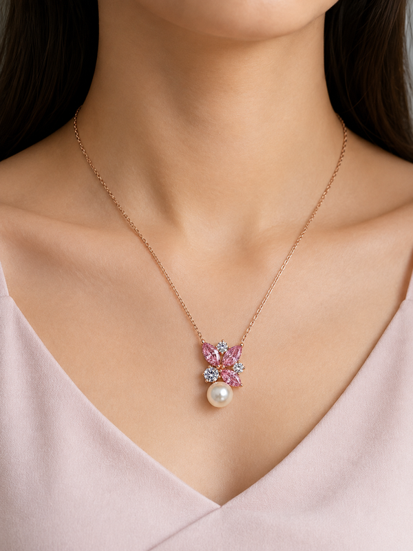 Silver 925 Marquise-Cut Pink Diamonds Pendant Set