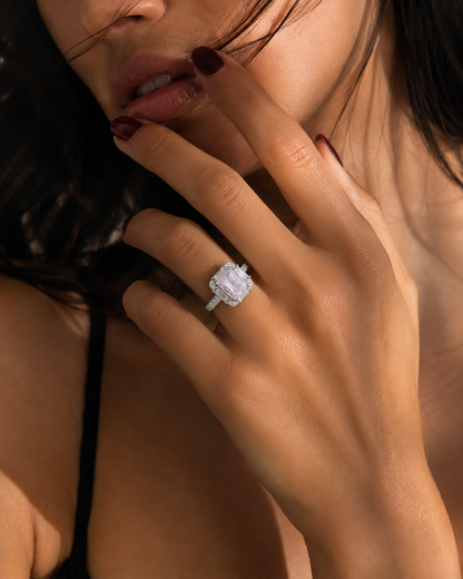 Silver 925 Emerald Cut Pink Diamond Ring
