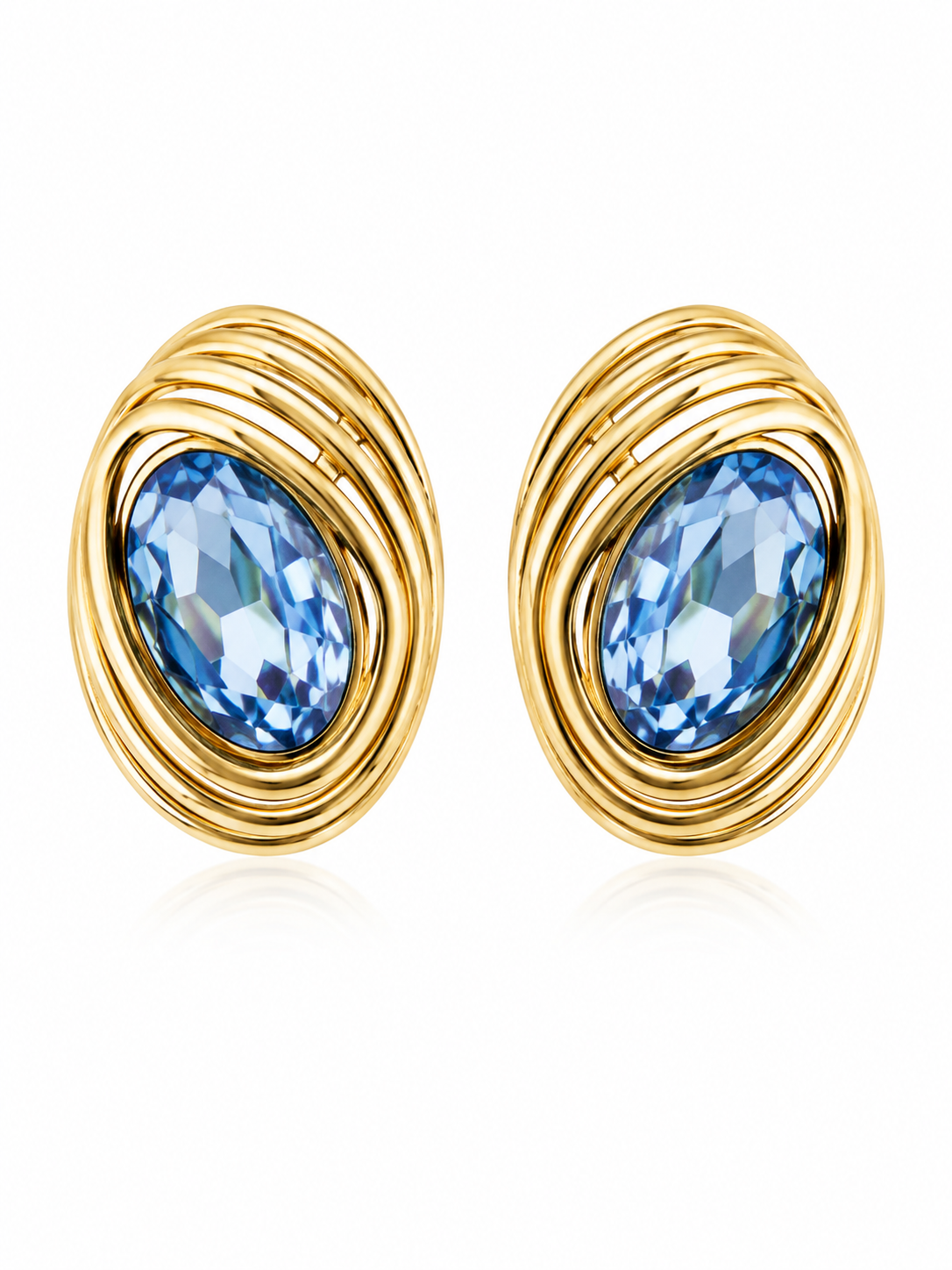 Gold-Toned Oval With Deep Blue Faceted Earrings