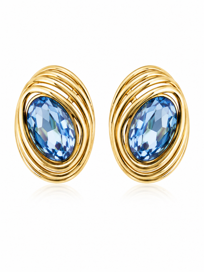 Gold-Toned Oval With Deep Blue Faceted Earrings