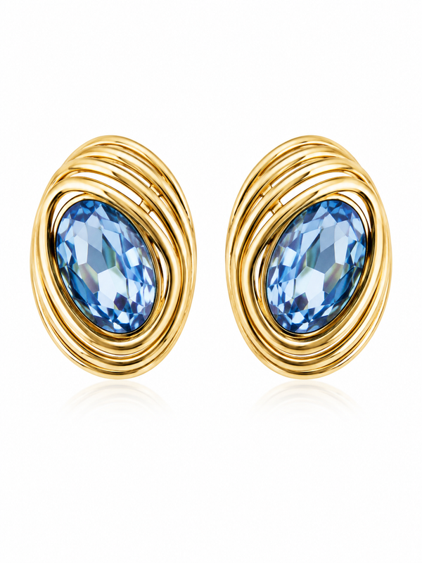 Gold-Toned Oval With Deep Blue Faceted Earrings