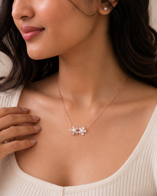 Sliver 925 Rose Gold Necklace With Two Flower Pendants