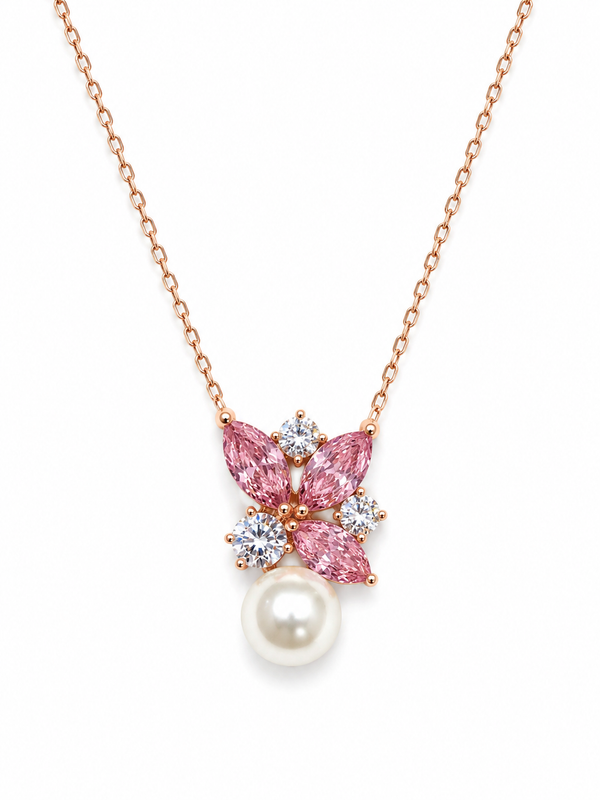 Silver 925 Marquise-Cut Pink Diamonds Pendant Set