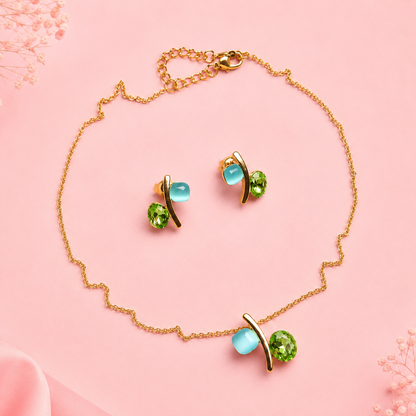 A Gold-tone Blue, Green Cabochon Pendant Set