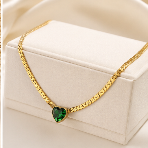 Golden Necklace with Heart Shaped Gemstone