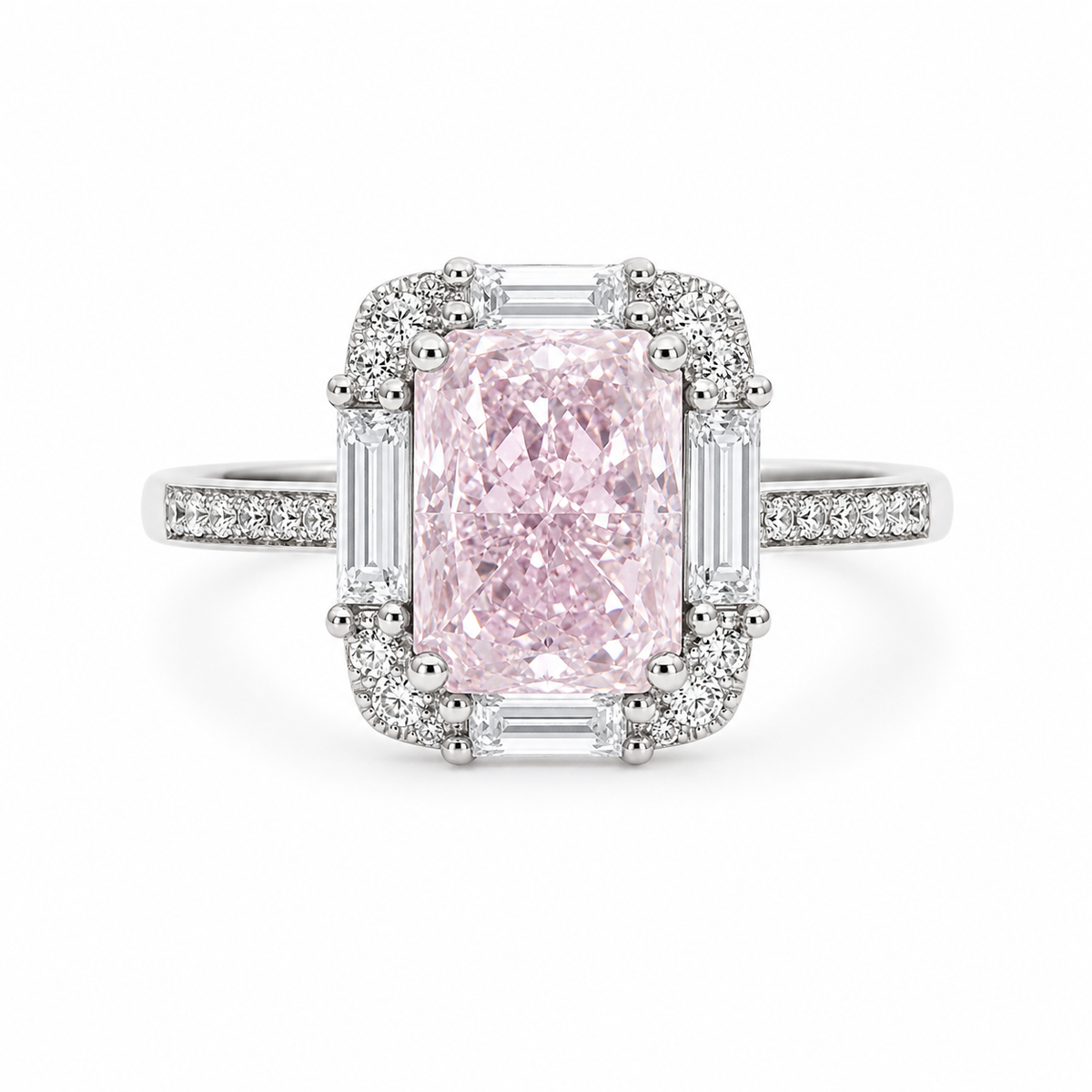 Silver 925 Emerald Cut Pink Diamond Ring