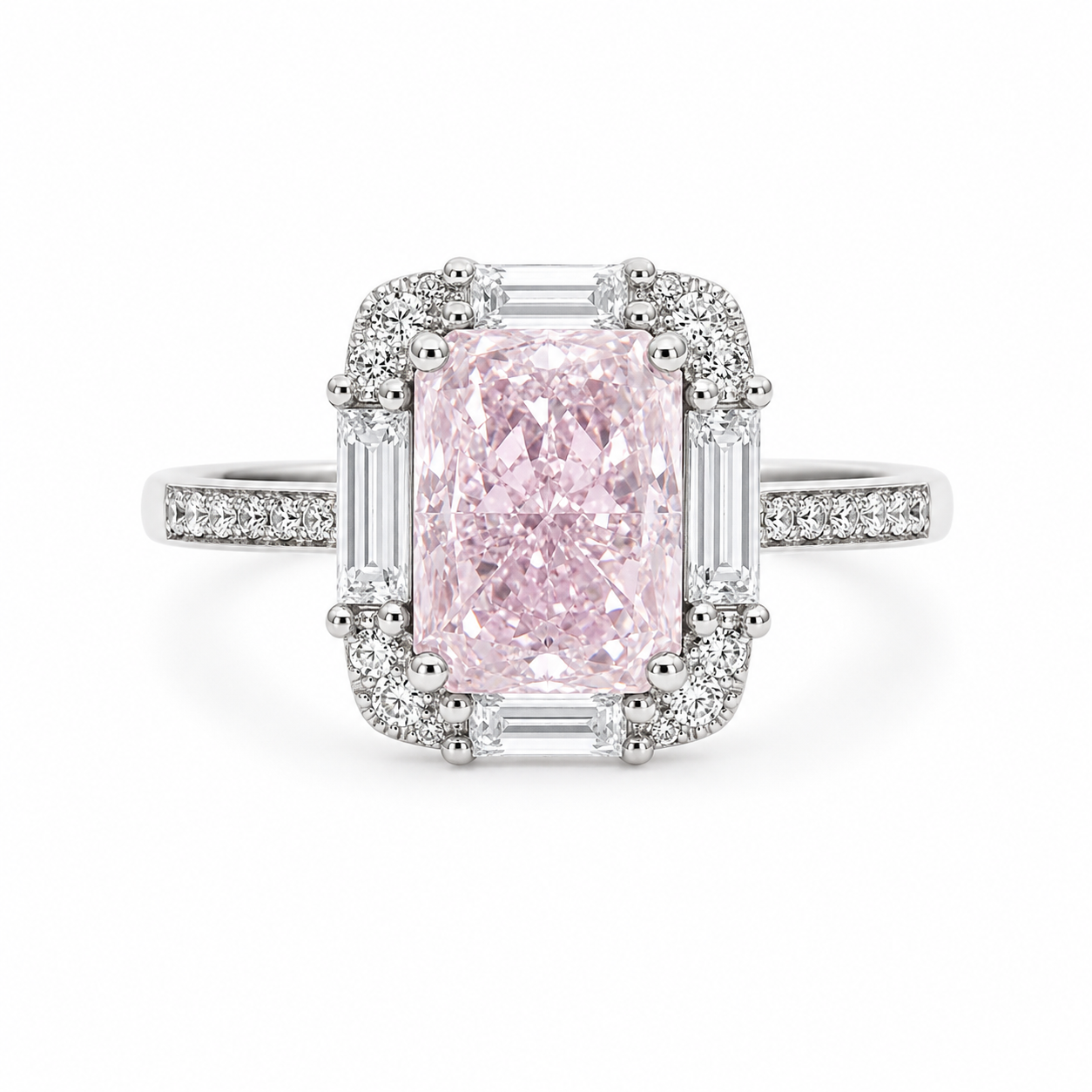 Silver 925 Emerald Cut Pink Diamond Ring