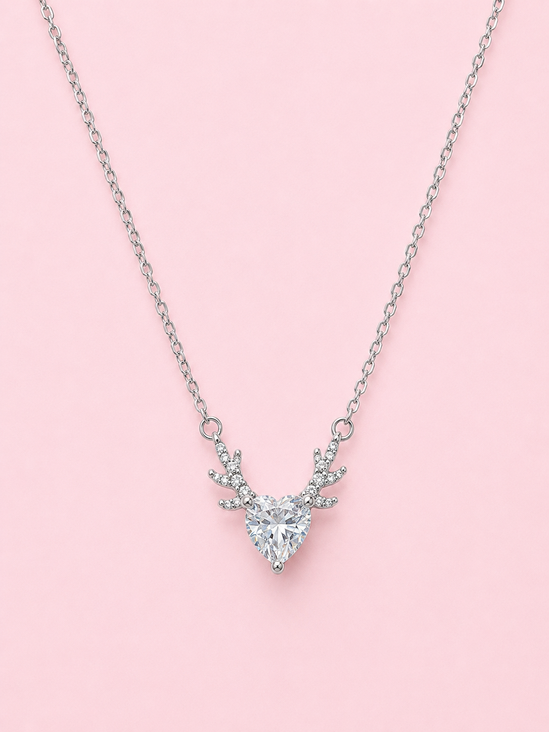 Silver 925 Heart-Shaped Antler Crystal Pendant Set