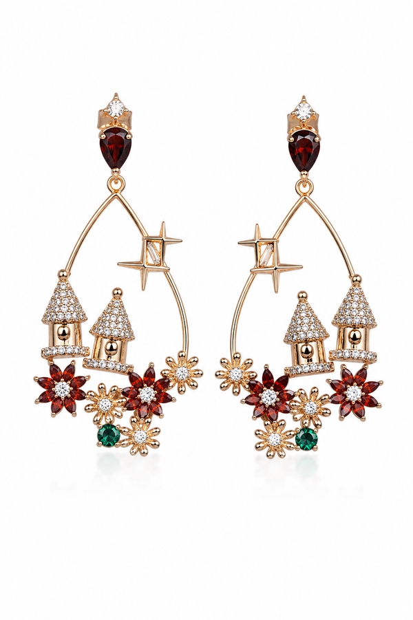 Rose Gold-Tone Castle & Snowflake Crescent Dangle Earrings