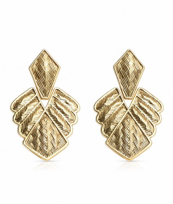Gold Textured Chevron Statement Earrings