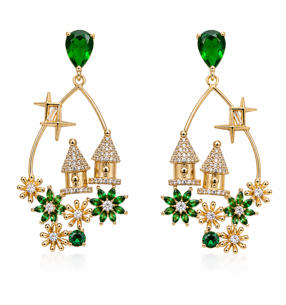 Rose Gold-Tone Castle & Snowflake Crescent Dangle Earrings