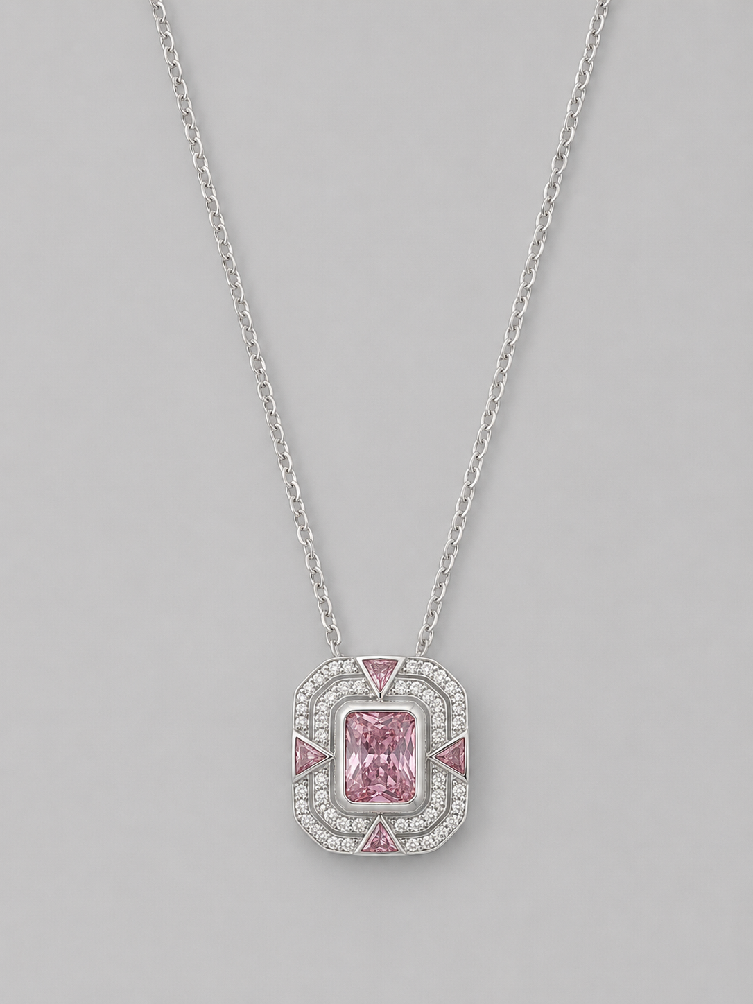 Silver 925 Rectangular Emerald-Cut Pink Pendant Set