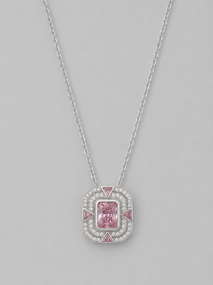 Silver 925 Rectangular Emerald-Cut Pink Pendant Set