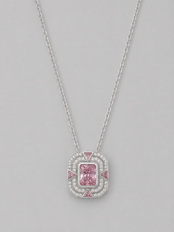 Silver 925 Rectangular Emerald-Cut Pink Pendant Set