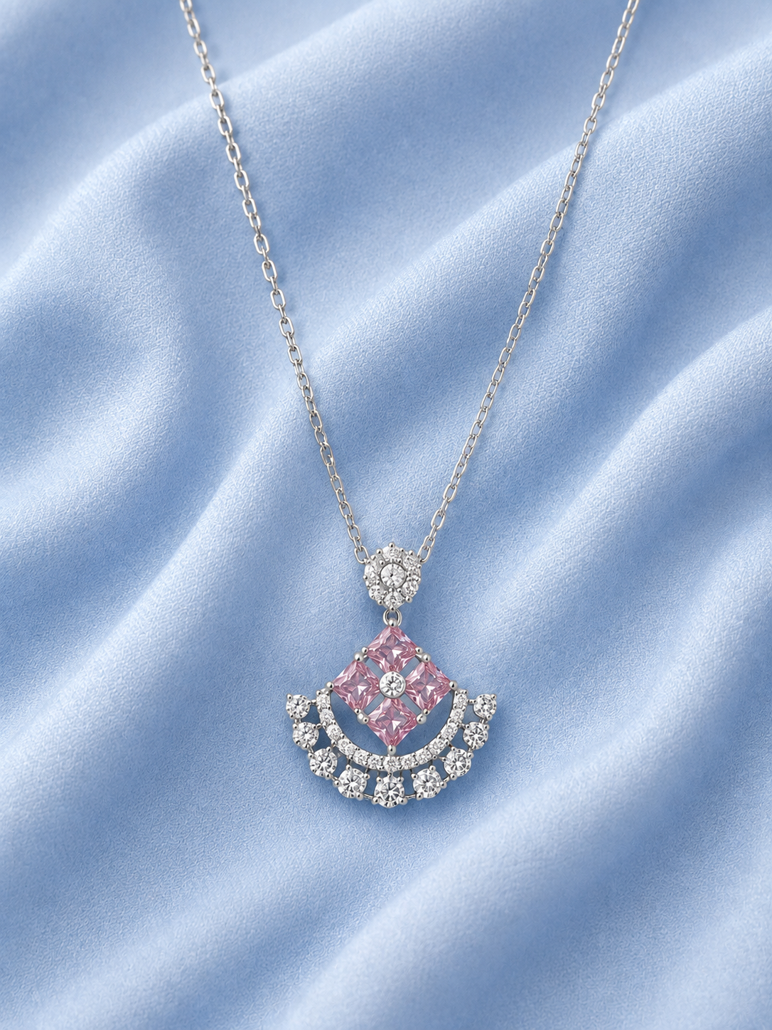Silver 925 Pink Diamond-Shaped Pendant Set.