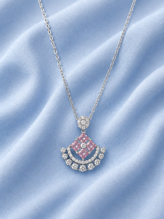 Silver 925 Pink Diamond-Shaped Pendant Set.