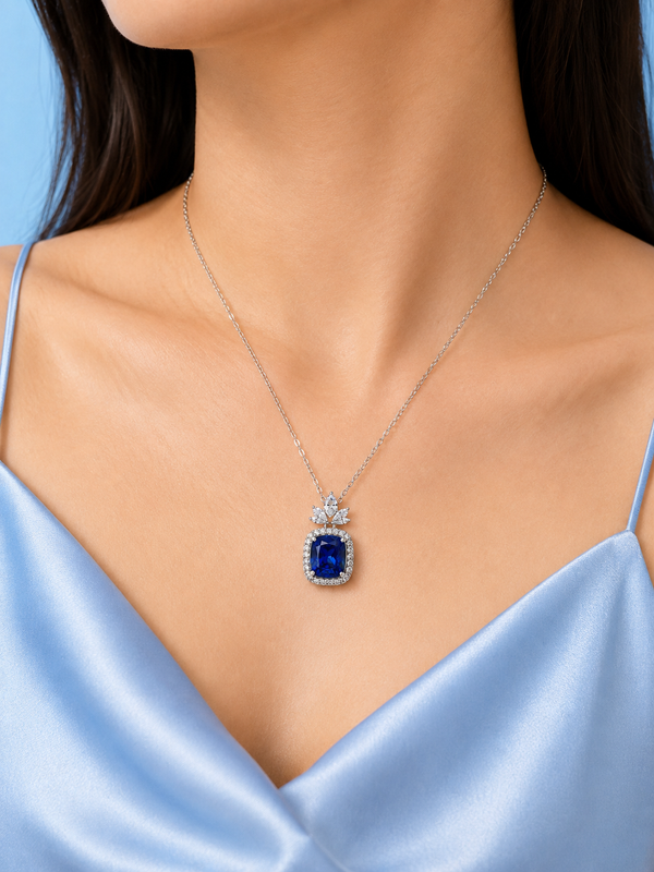 Silver 925 Rectangular Royal Blue Pendant Set