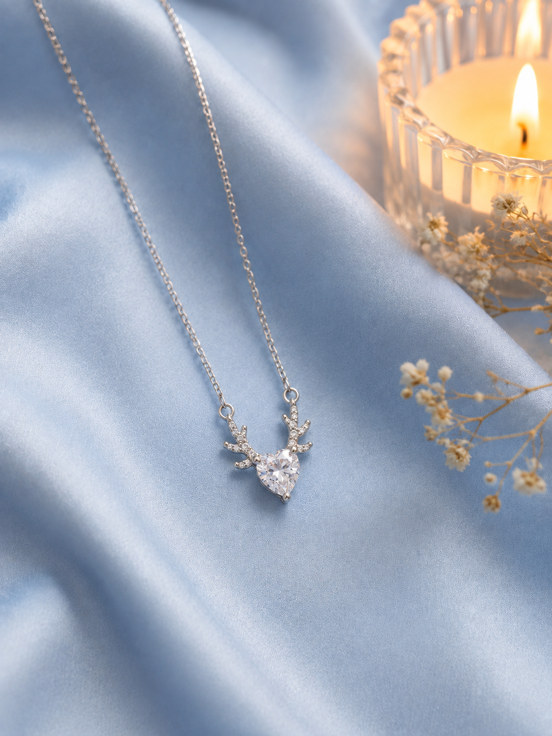 Silver 925 Heart-Shaped Antler Crystal Pendant Set