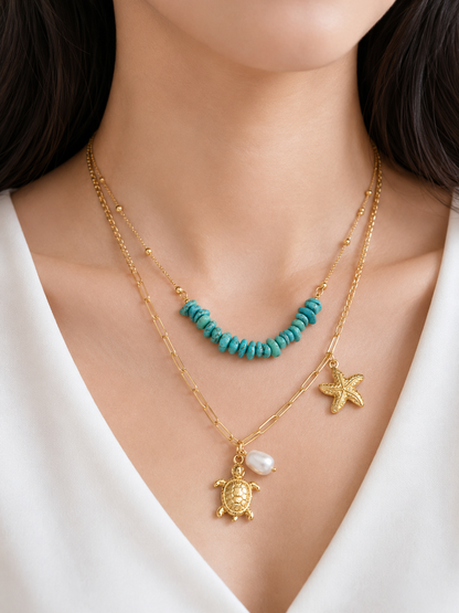 Layered Turquoise & Ocean Charm Necklace Set