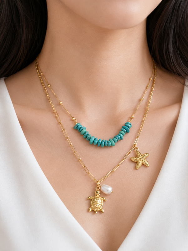 Layered Turquoise & Ocean Charm Necklace Set