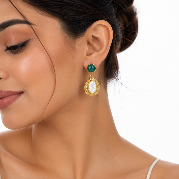 Green Stone & Pearly White Teardrop Earrings