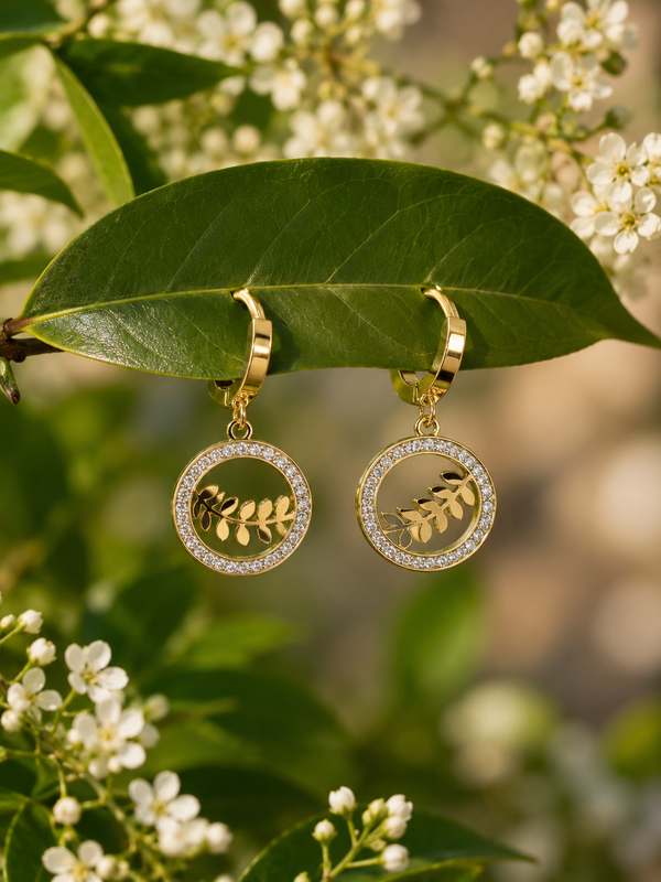 A 18k Gold Stainless Steel Leaf Drop Hoops