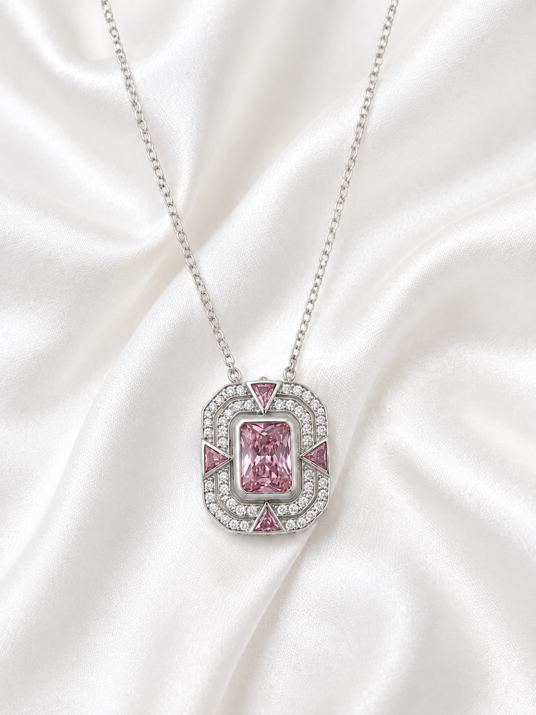 Silver 925 Rectangular Emerald-Cut Pink Pendant Set