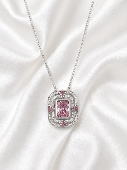 Silver 925 Rectangular Emerald-Cut Pink Pendant Set