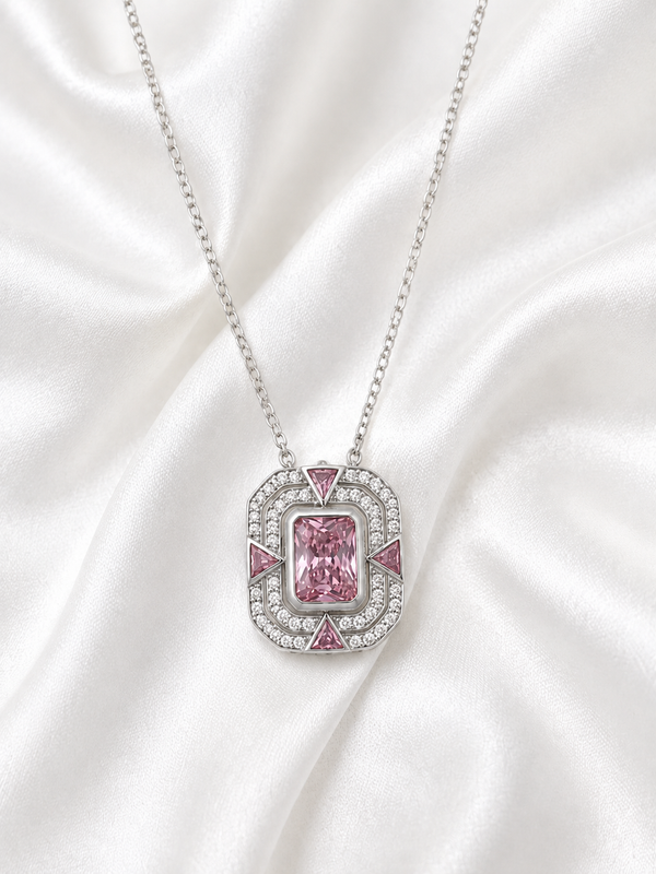 Silver 925 Rectangular Emerald-Cut Pink Pendant Set