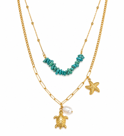 Layered Turquoise & Ocean Charm Necklace Set
