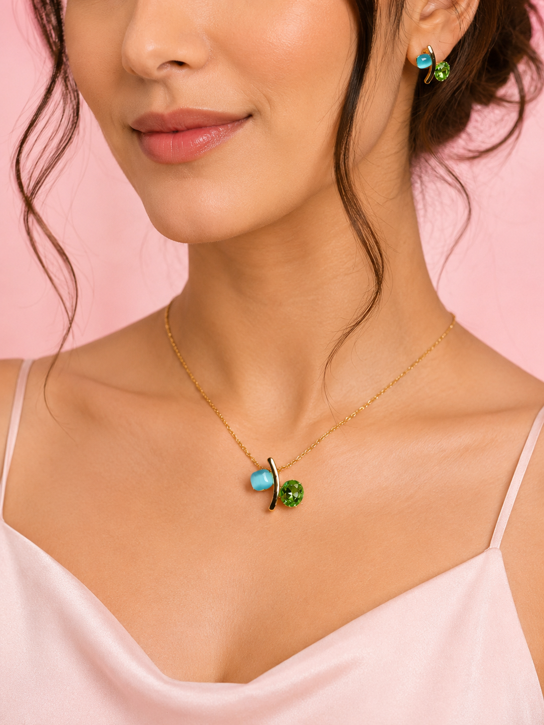 A Gold-tone Blue, Green Cabochon Pendant Set