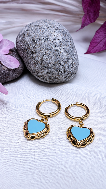 A Pair of Gold Hoop Sky Blue Heart-Shaped Earrings