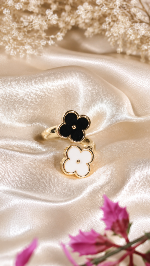 Gold Flower Rings With Black And White Enamel