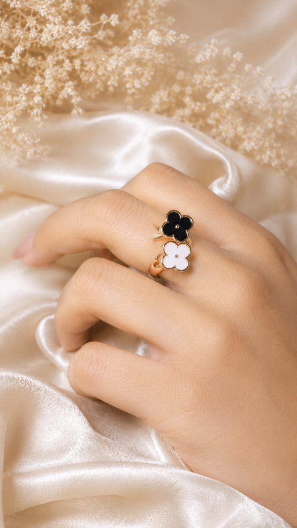 Gold Flower Rings With Black And White Enamel