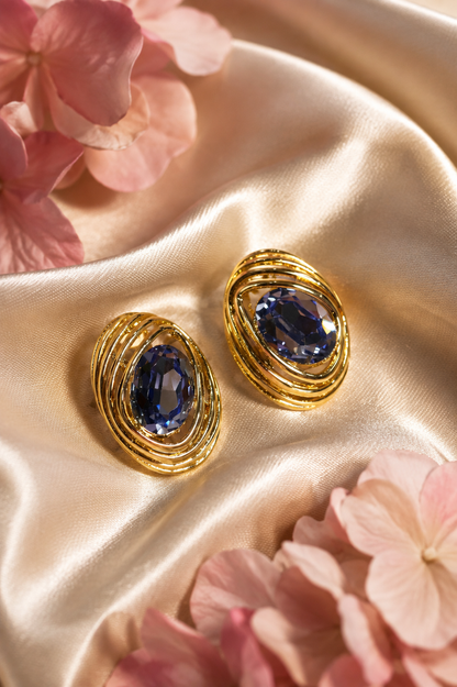 Gold-Toned Oval With Deep Blue Faceted Earrings