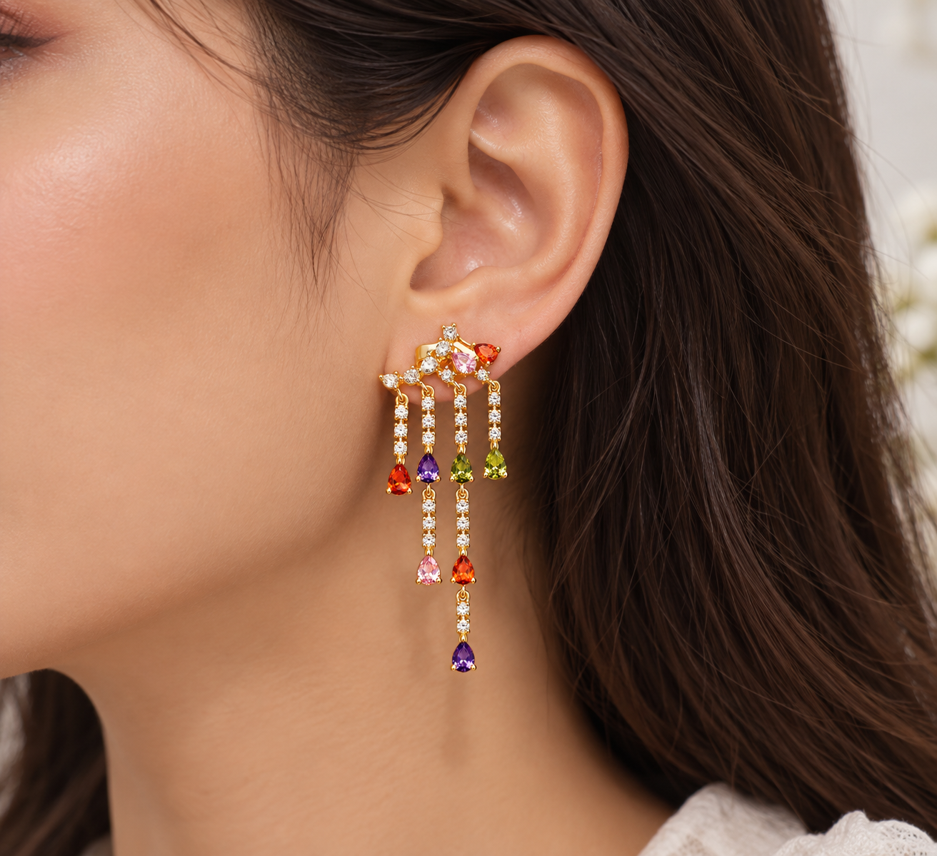 Gold Multicolor Gemstone Dangle Earrings
