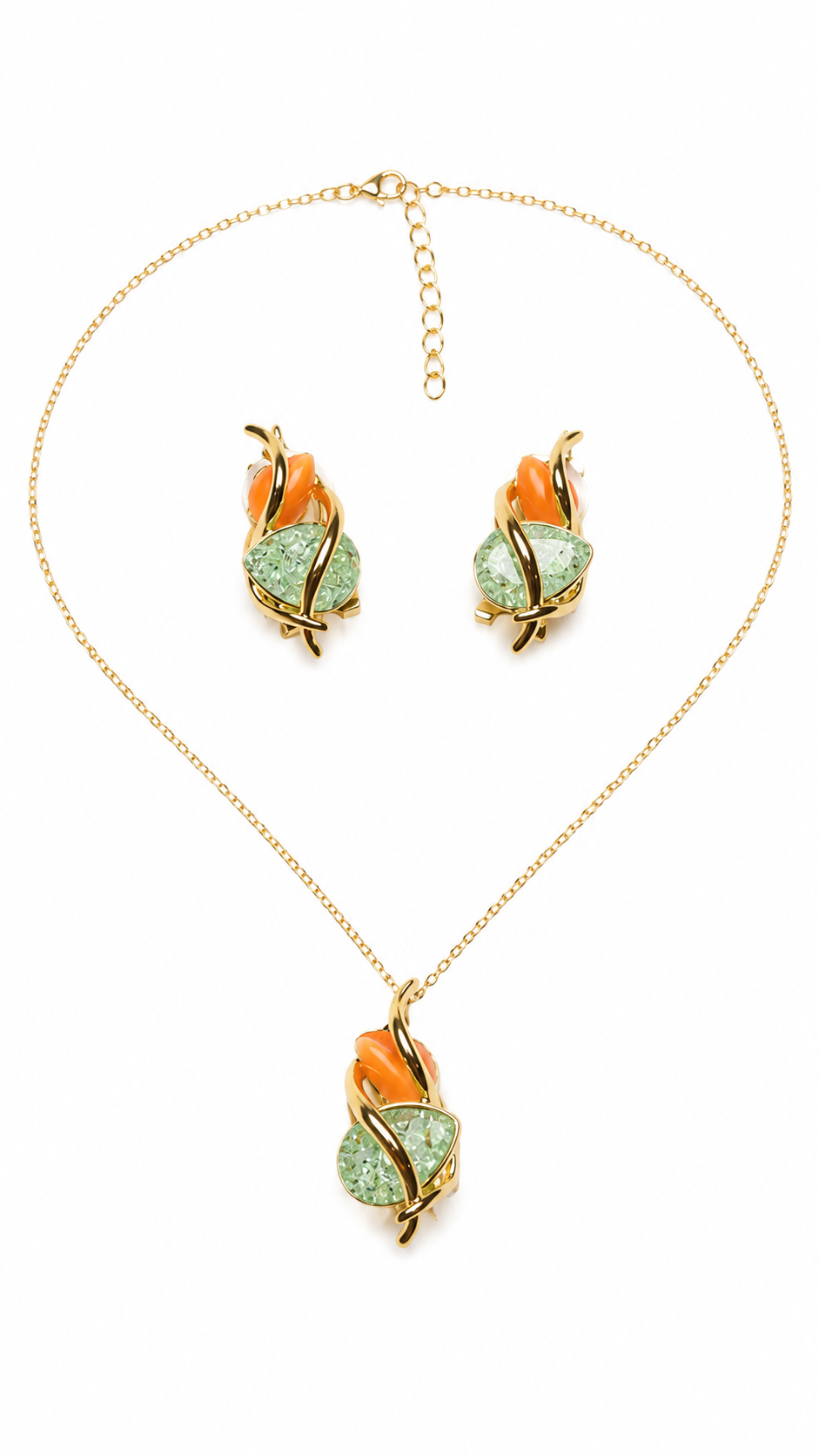 A Gold-Tone Light Green and Orange Jewellery Set