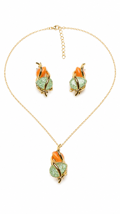 A Gold-Tone Light Green and Orange Jewellery Set