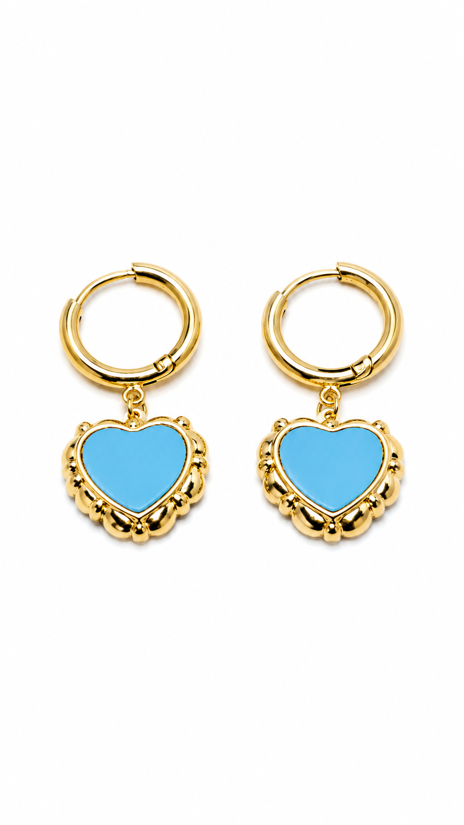 A Pair of Gold Hoop Sky Blue Heart-Shaped Earrings