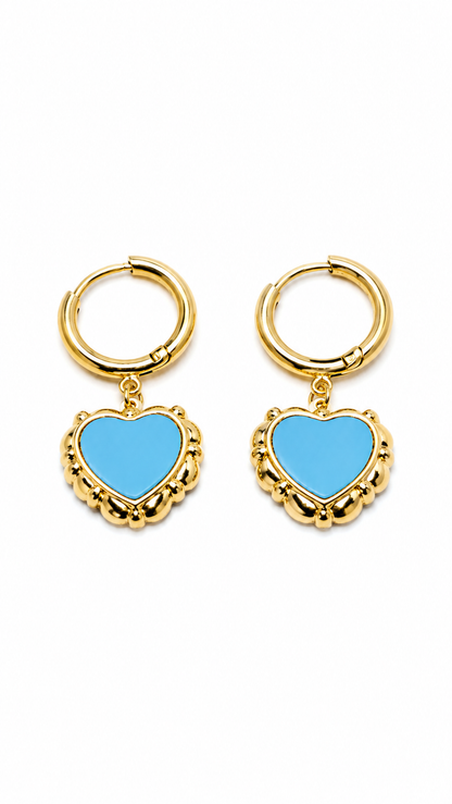 A Pair of Gold Hoop Sky Blue Heart-Shaped Earrings