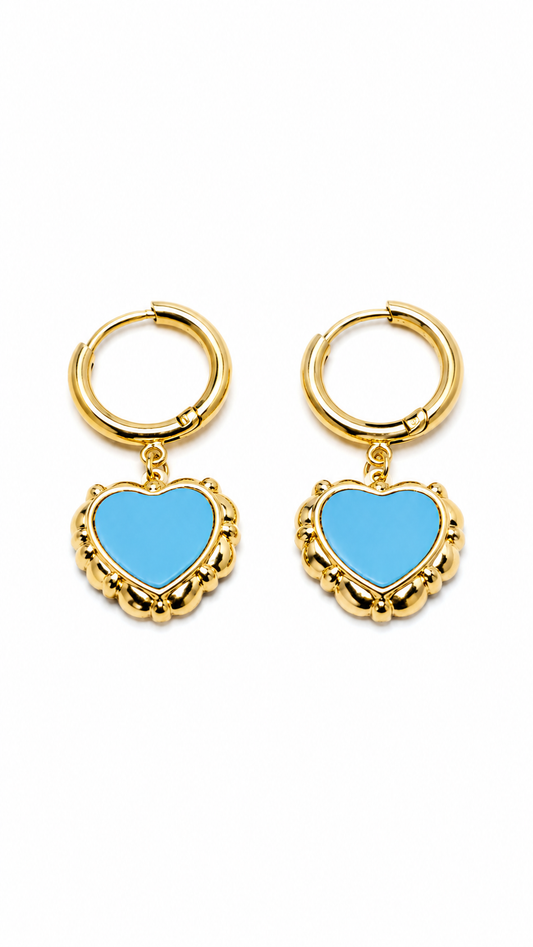 A Pair of Gold Hoop Sky Blue Heart-Shaped Earrings